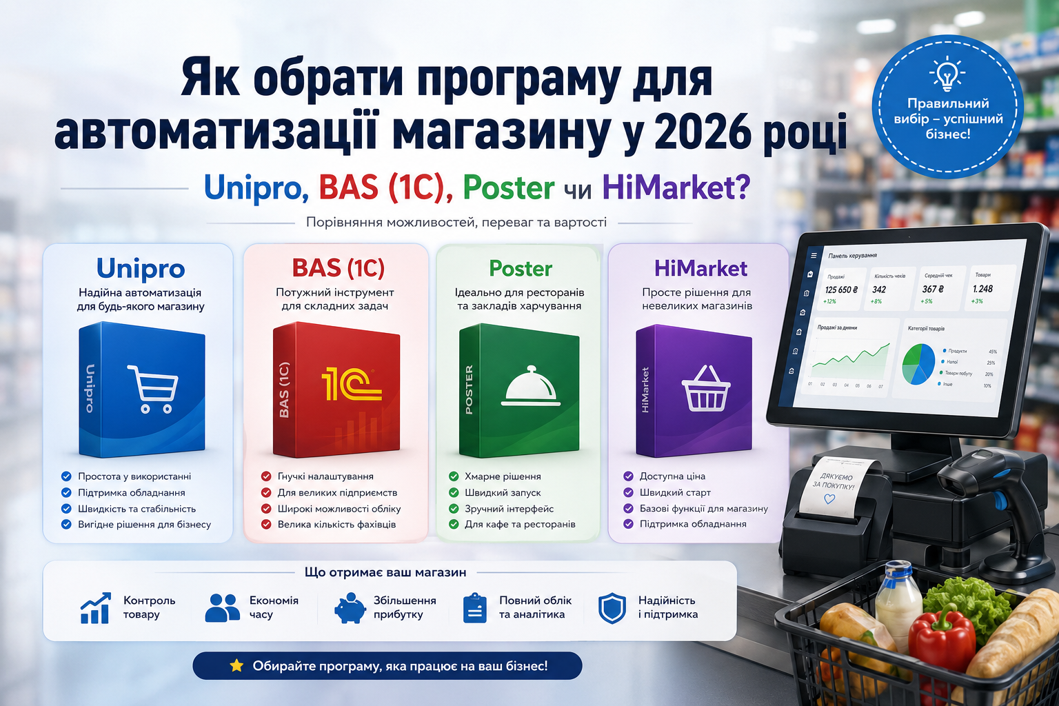 Как выбрать программу для автоматизации магазина в 2026 году: Unipro, BAS (1С), Poster или HiMarket?